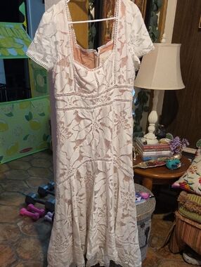 Lace Overlay Midi Dress in Blush and Ivory